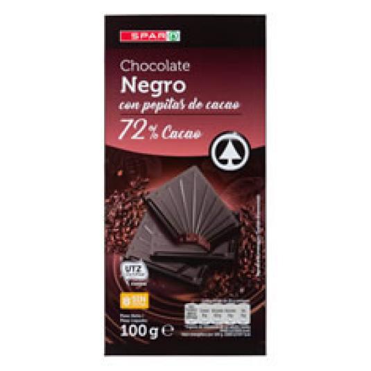 CHOCOLATE NEGRO 72% PEPITAS CACAO 100 GR